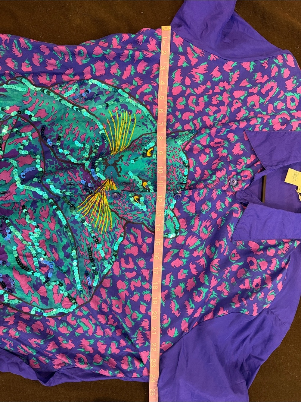 Diane Gilman Wearable Art 100% Silk Sequin Blue Purple Leopard Button up Sz 1X - Picture 4 of 7